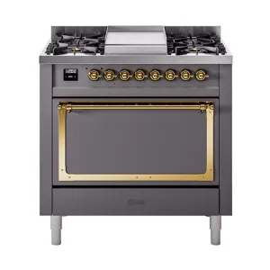 Ilve UN36FQNMPMGGLP Ilve Un36Fqnmpmgglp Nostalgie Ii Noblesse 36" Dual Fuel Range (Liquid Propane, Solid Door, Graphite Matte, Brass)