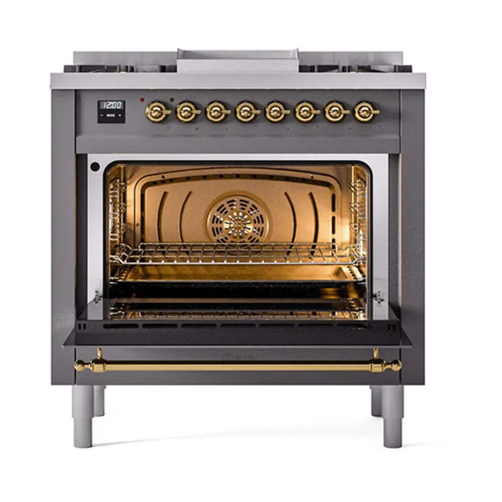 Ilve UN36FQNMPMGGLP Ilve Un36Fqnmpmgglp Nostalgie Ii Noblesse 36" Dual Fuel Range (Liquid Propane, Solid Door, Graphite Matte, Brass)