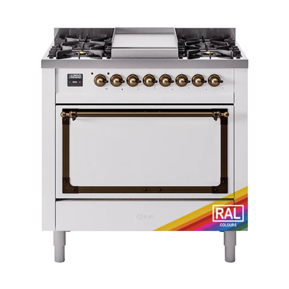Ilve UN36FQNMPRABLP Ilve Un36Fqnmprablp Nostalgie Ii Noblesse 36" Dual Fuel Range (Liquid Propane, Solid Door, Ral, Burnished)