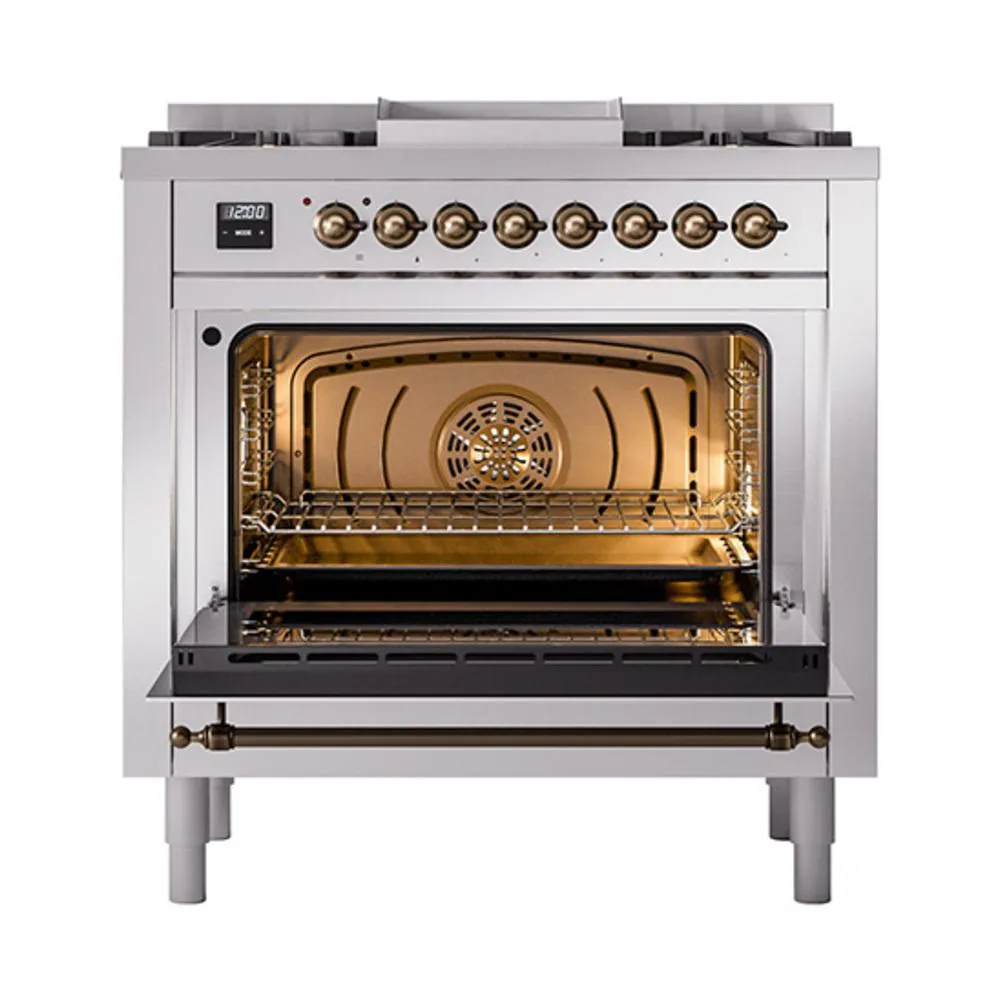 Ilve UN36FQNMPSSBLP Ilve Un36Fqnmpssblp Nostalgie Ii Noblesse 36" Dual Fuel Range (Liquid Propane, Solid Door, Stainless Steel, Burnished)