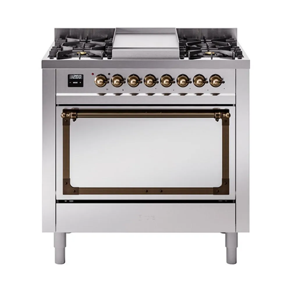 Ilve UN36FQNMPSSBLP Ilve Un36Fqnmpssblp Nostalgie Ii Noblesse 36" Dual Fuel Range (Liquid Propane, Solid Door, Stainless Steel, Burnished)