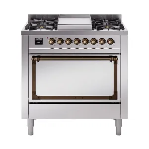 Ilve UN36FQNMPSSBLP Ilve Un36Fqnmpssblp Nostalgie Ii Noblesse 36" Dual Fuel Range (Liquid Propane, Solid Door, Stainless Steel, Burnished)