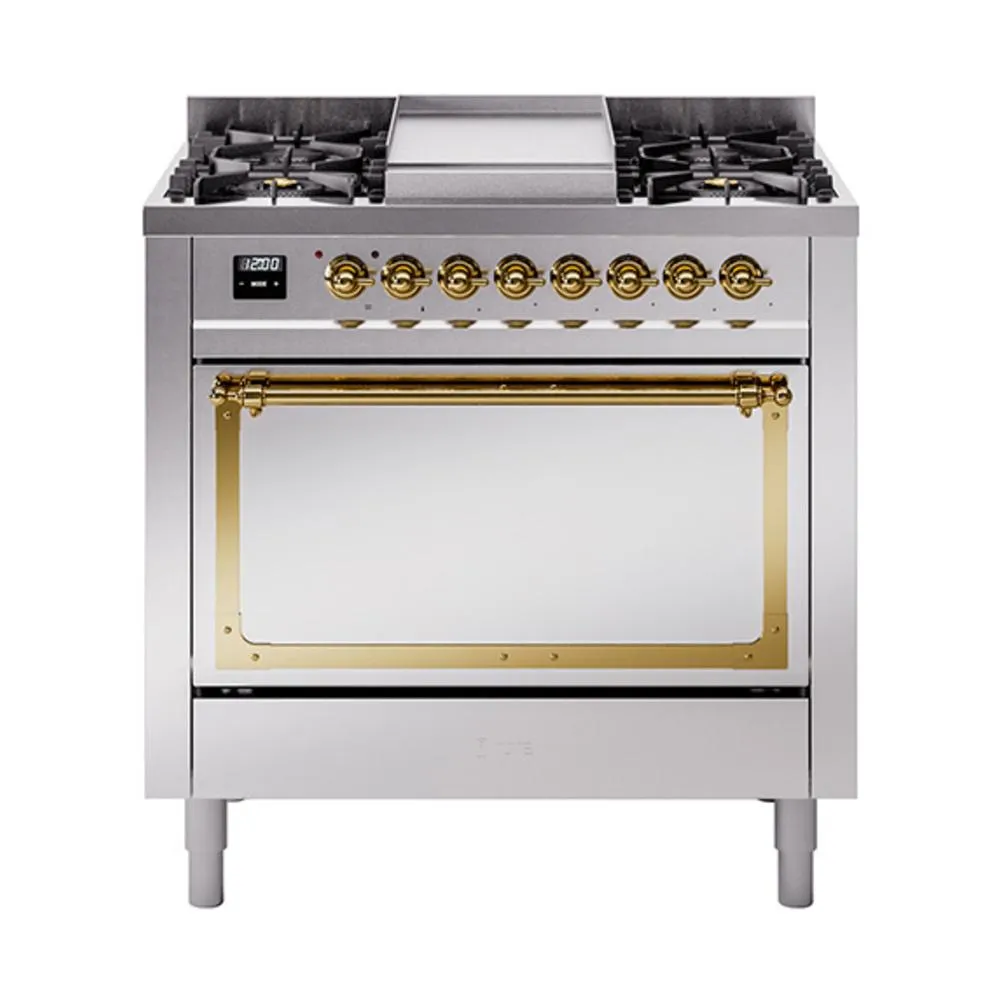 Ilve UN36FQNMPSSGLP Ilve Un36Fqnmpssglp Nostalgie Ii Noblesse 36" Dual Fuel Range (Liquid Propane, Solid Door, Stainless Steel, Brass)