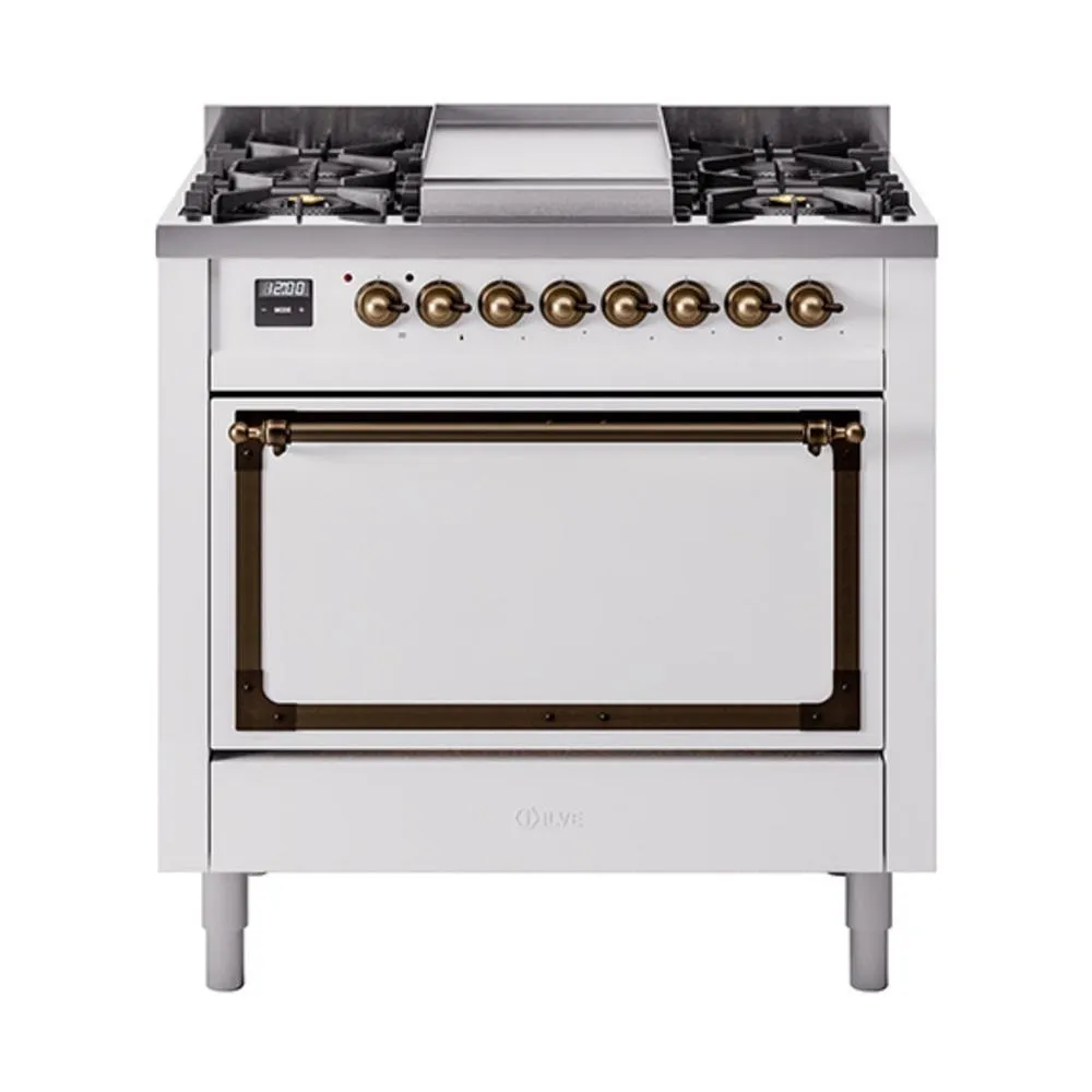Ilve UN36FQNMPWHBLP Ilve Un36Fqnmpwhblp Nostalgie Ii Noblesse 36" Dual Fuel Range (Liquid Propane, Solid Door, White, Burnished)
