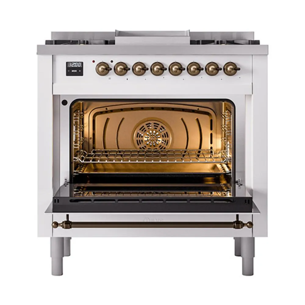 Ilve UN36FQNMPWHBLP Ilve Un36Fqnmpwhblp Nostalgie Ii Noblesse 36" Dual Fuel Range (Liquid Propane, Solid Door, White, Burnished)
