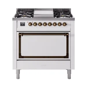 Ilve UN36FQNMPWHBLP Ilve Un36Fqnmpwhblp Nostalgie Ii Noblesse 36" Dual Fuel Range (Liquid Propane, Solid Door, White, Burnished)