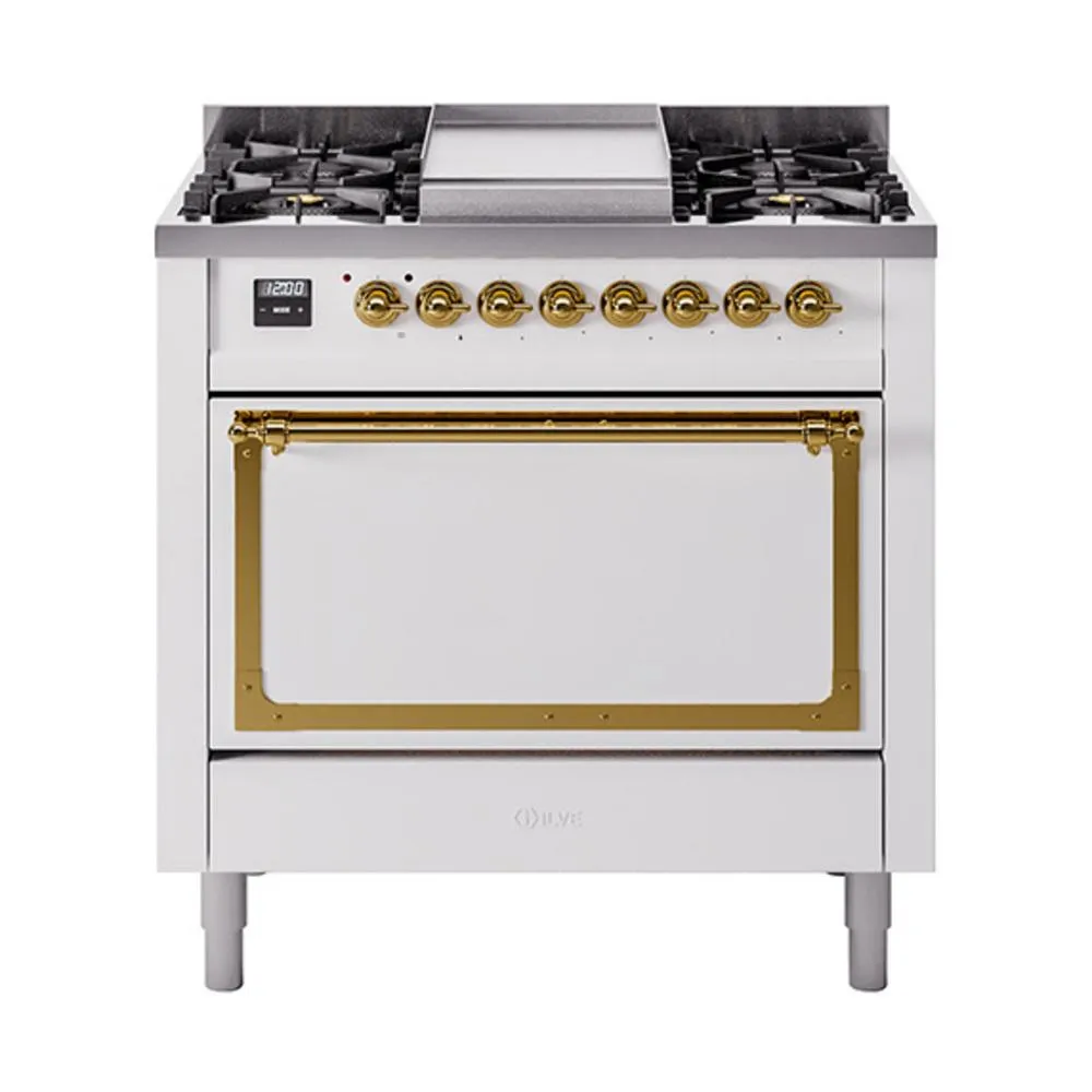 Ilve UN36FQNMPWHGLP Ilve Un36Fqnmpwhglp Nostalgie Ii Noblesse 36" Dual Fuel Range (Liquid Propane, Solid Door, White, Brass)