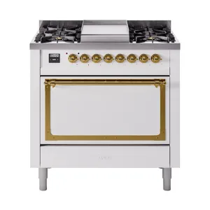 Ilve UN36FQNMPWHGLP Ilve Un36Fqnmpwhglp Nostalgie Ii Noblesse 36" Dual Fuel Range (Liquid Propane, Solid Door, White, Brass)