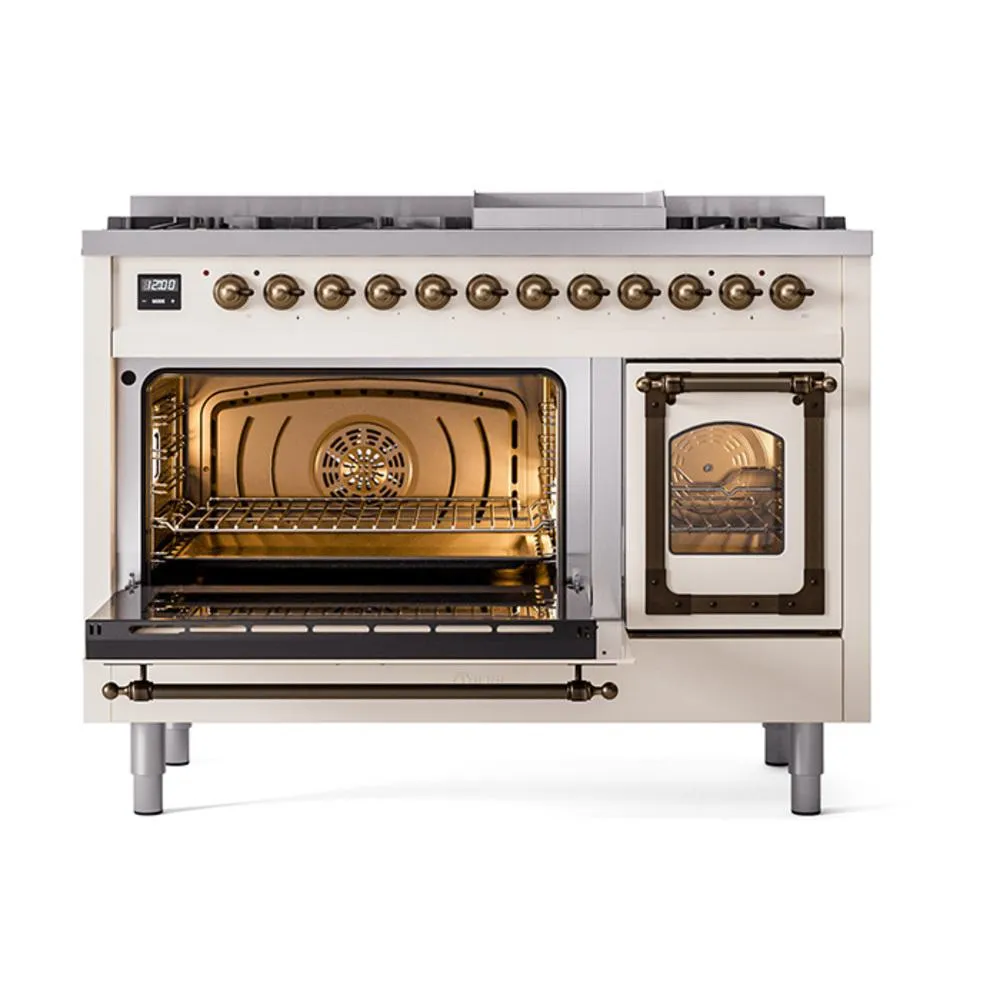 Ilve UN48FNMPAWB Ilve Un48Fnmpawb Nostalgie Ii Noblesse 48" Dual Fuel Range (8 Sealed Burners   Griddle, Natural Gas, Triple Glass Door, Antique White, Burnished)