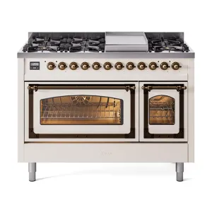 Ilve UN48FNMPAWB Ilve Un48Fnmpawb Nostalgie Ii Noblesse 48" Dual Fuel Range (8 Sealed Burners   Griddle, Natural Gas, Triple Glass Door, Antique White, Burnished)