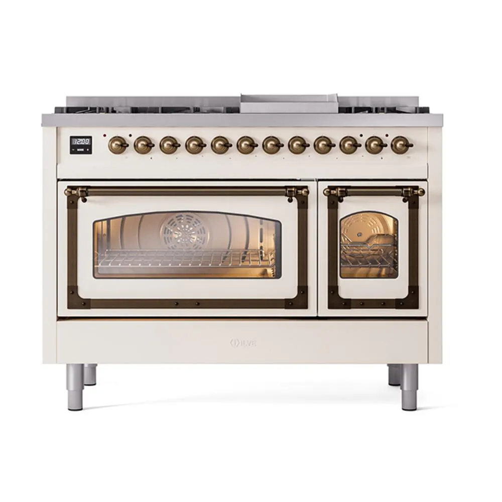 Ilve UN48FNMPAWB Ilve Un48Fnmpawb Nostalgie Ii Noblesse 48" Dual Fuel Range (8 Sealed Burners   Griddle, Natural Gas, Triple Glass Door, Antique White, Burnished)
