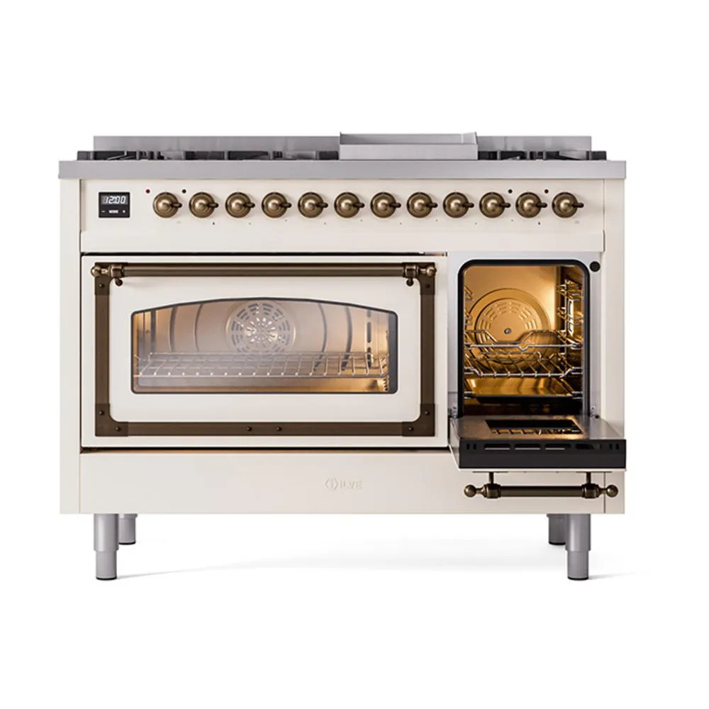 Ilve UN48FNMPAWB Ilve Un48Fnmpawb Nostalgie Ii Noblesse 48" Dual Fuel Range (8 Sealed Burners   Griddle, Natural Gas, Triple Glass Door, Antique White, Burnished)