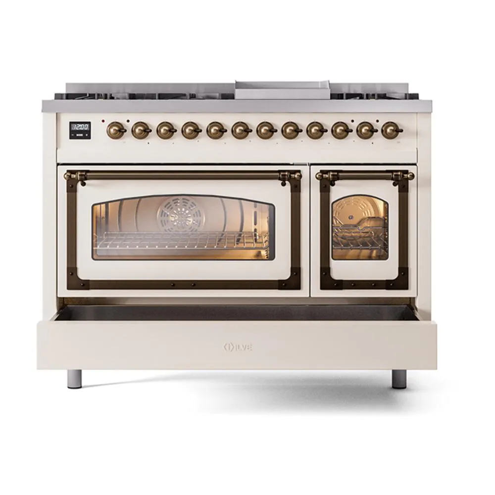 Ilve UN48FNMPAWB Ilve Un48Fnmpawb Nostalgie Ii Noblesse 48" Dual Fuel Range (8 Sealed Burners   Griddle, Natural Gas, Triple Glass Door, Antique White, Burnished)