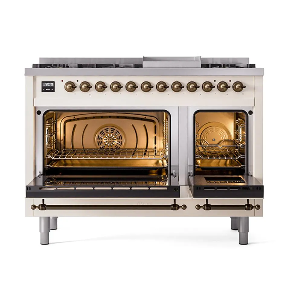 Ilve UN48FNMPAWB Ilve Un48Fnmpawb Nostalgie Ii Noblesse 48" Dual Fuel Range (8 Sealed Burners   Griddle, Natural Gas, Triple Glass Door, Antique White, Burnished)