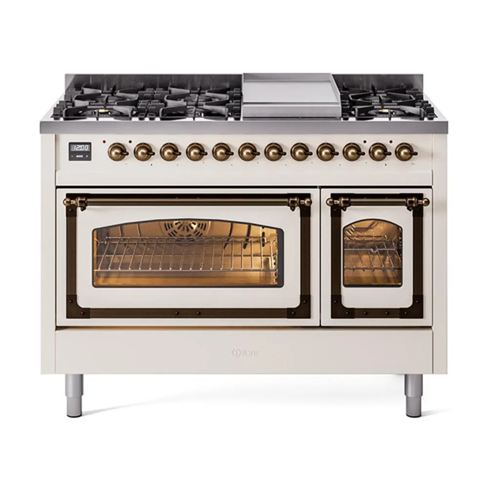 Ilve UN48FNMPAWB Ilve Un48Fnmpawb Nostalgie Ii Noblesse 48" Dual Fuel Range (8 Sealed Burners   Griddle, Natural Gas, Triple Glass Door, Antique White, Burnished)