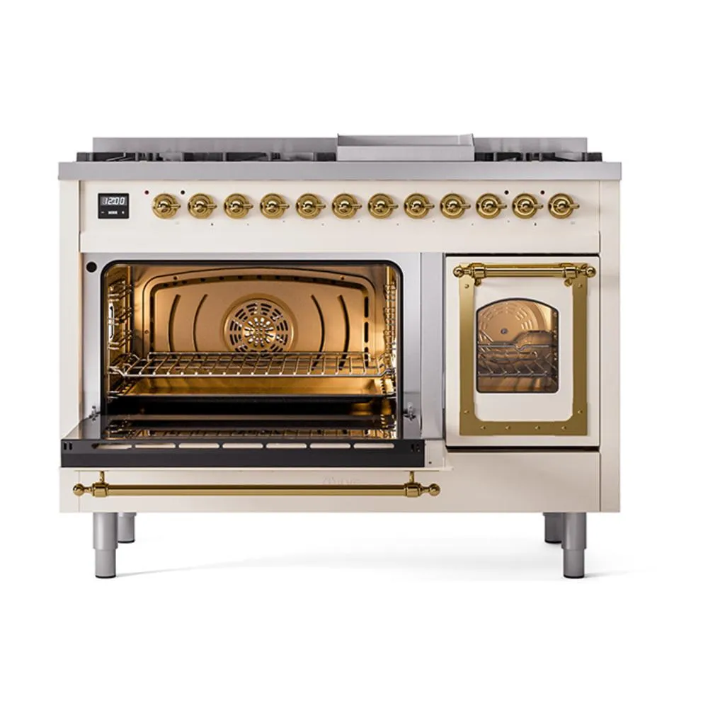 Ilve UN48FNMPAWGLP Ilve Un48Fnmpawglp Nostalgie Ii Noblesse 48" Dual Fuel Range (8 Sealed Burners   Griddle, Liquid Propane, Triple Glass Door, Antique White, Brass)