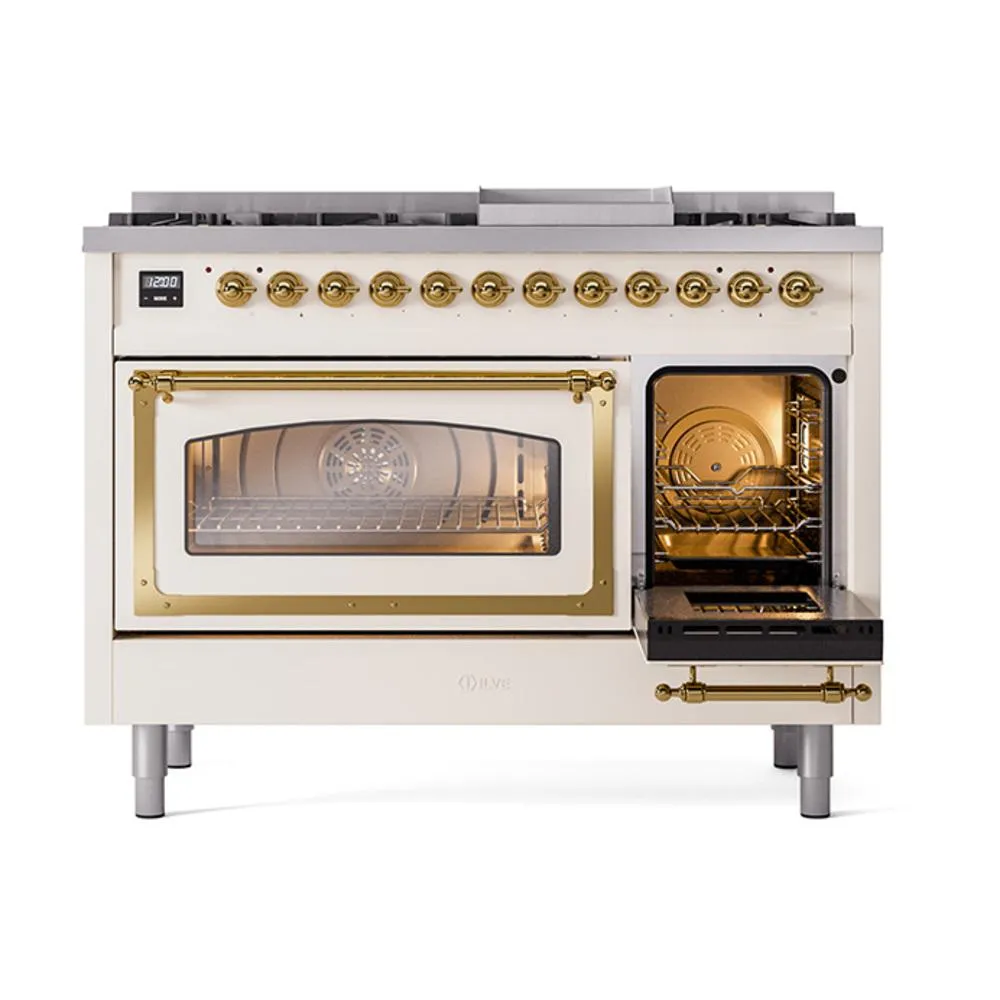 Ilve UN48FNMPAWGLP Ilve Un48Fnmpawglp Nostalgie Ii Noblesse 48" Dual Fuel Range (8 Sealed Burners   Griddle, Liquid Propane, Triple Glass Door, Antique White, Brass)