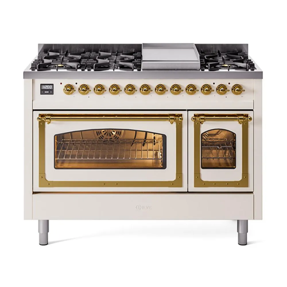 Ilve UN48FNMPAWGLP Ilve Un48Fnmpawglp Nostalgie Ii Noblesse 48" Dual Fuel Range (8 Sealed Burners   Griddle, Liquid Propane, Triple Glass Door, Antique White, Brass)