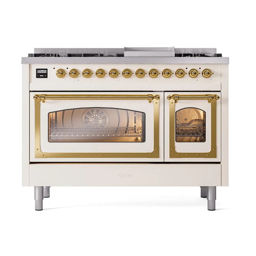Ilve UN48FNMPAWGLP Ilve Un48Fnmpawglp Nostalgie Ii Noblesse 48" Dual Fuel Range (8 Sealed Burners   Griddle, Liquid Propane, Triple Glass Door, Antique White, Brass)