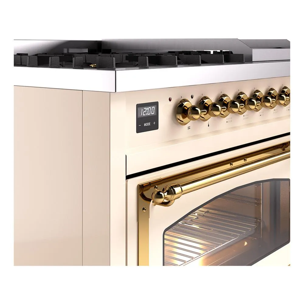 Ilve UN48FNMPAWGLP Ilve Un48Fnmpawglp Nostalgie Ii Noblesse 48" Dual Fuel Range (8 Sealed Burners   Griddle, Liquid Propane, Triple Glass Door, Antique White, Brass)