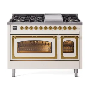 Ilve UN48FNMPAWGLP Ilve Un48Fnmpawglp Nostalgie Ii Noblesse 48" Dual Fuel Range (8 Sealed Burners   Griddle, Liquid Propane, Triple Glass Door, Antique White, Brass)