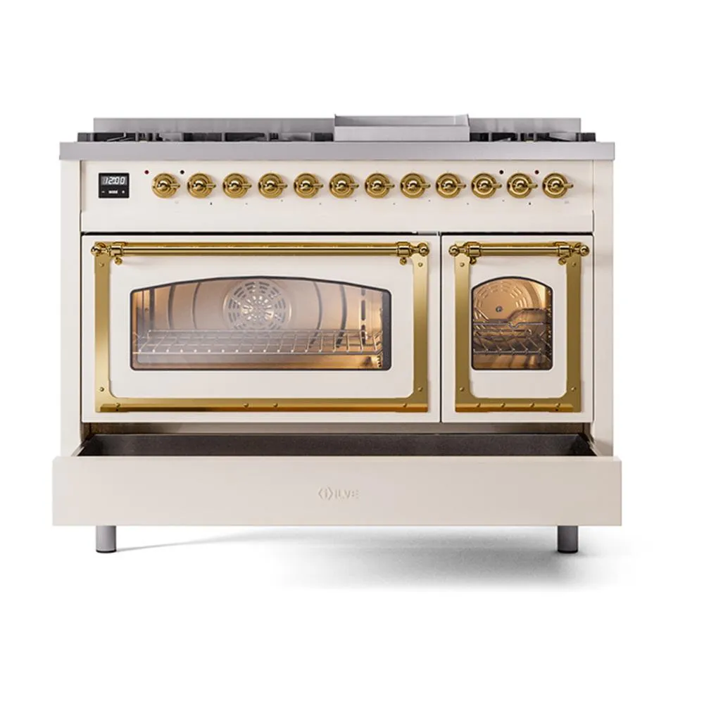 Ilve UN48FNMPAWGLP Ilve Un48Fnmpawglp Nostalgie Ii Noblesse 48" Dual Fuel Range (8 Sealed Burners   Griddle, Liquid Propane, Triple Glass Door, Antique White, Brass)