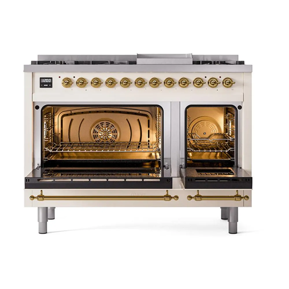 Ilve UN48FNMPAWGLP Ilve Un48Fnmpawglp Nostalgie Ii Noblesse 48" Dual Fuel Range (8 Sealed Burners   Griddle, Liquid Propane, Triple Glass Door, Antique White, Brass)