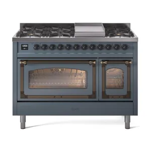 Ilve UN48FNMPBGB Ilve Un48Fnmpbgb Nostalgie Ii Noblesse 48" Dual Fuel Range (8 Sealed Burners   Griddle, Natural Gas, Triple Glass Door, Blue Grey, Burnished)