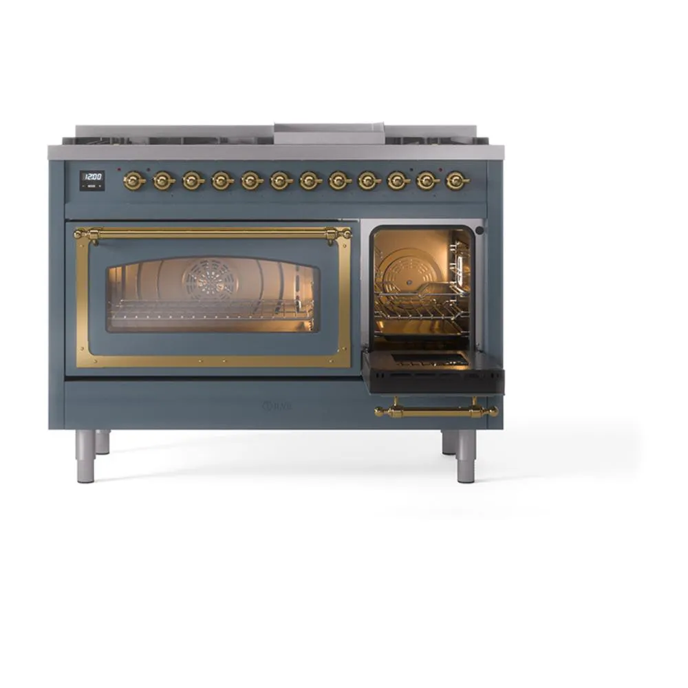 Ilve UN48FNMPBGG Ilve Un48Fnmpbgg Nostalgie Ii Noblesse 48" Dual Fuel Range (8 Sealed Burners   Griddle, Natural Gas, Triple Glass Door, Blue Grey, Brass)