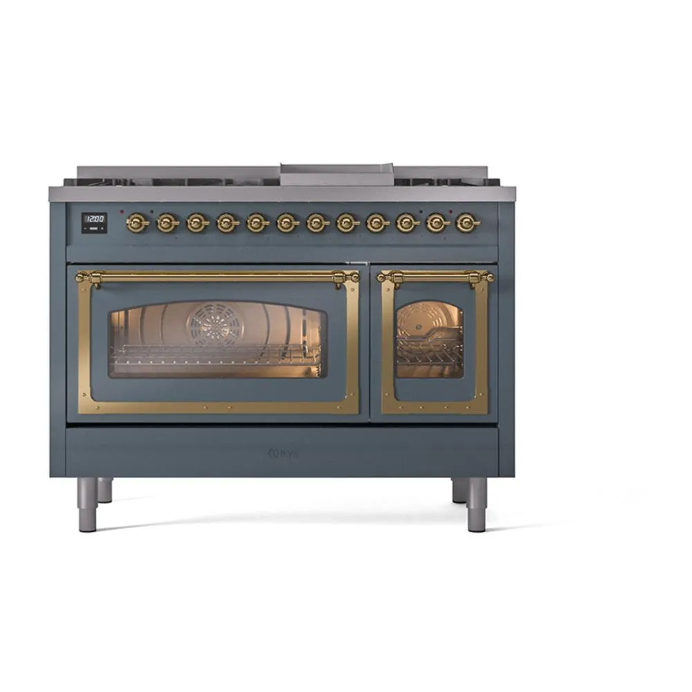 Ilve UN48FNMPBGG Ilve Un48Fnmpbgg Nostalgie Ii Noblesse 48" Dual Fuel Range (8 Sealed Burners   Griddle, Natural Gas, Triple Glass Door, Blue Grey, Brass)
