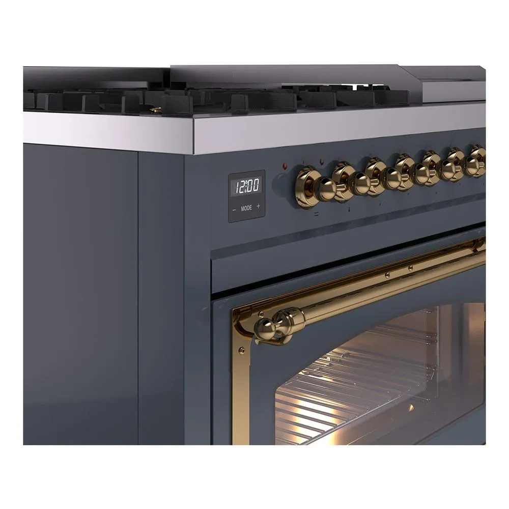 Ilve UN48FNMPBGG Ilve Un48Fnmpbgg Nostalgie Ii Noblesse 48" Dual Fuel Range (8 Sealed Burners   Griddle, Natural Gas, Triple Glass Door, Blue Grey, Brass)