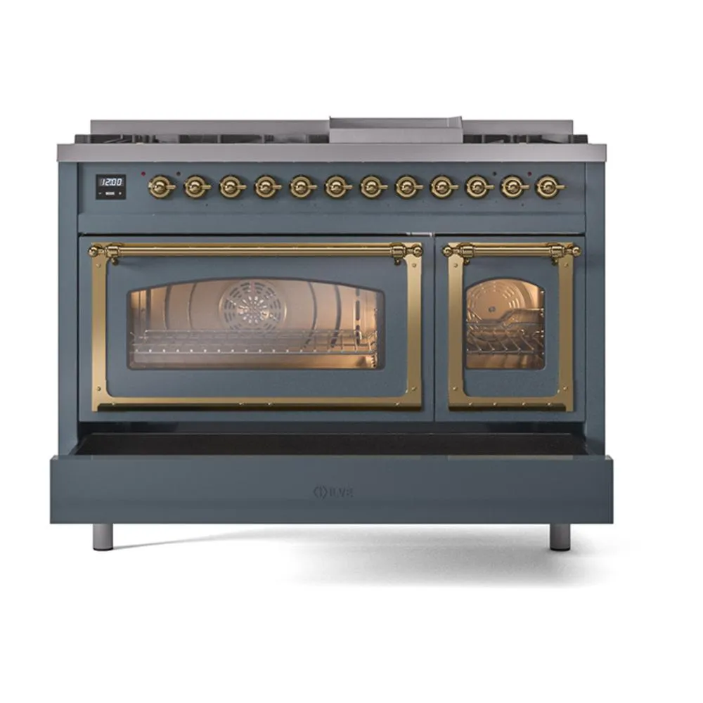 Ilve UN48FNMPBGG Ilve Un48Fnmpbgg Nostalgie Ii Noblesse 48" Dual Fuel Range (8 Sealed Burners   Griddle, Natural Gas, Triple Glass Door, Blue Grey, Brass)