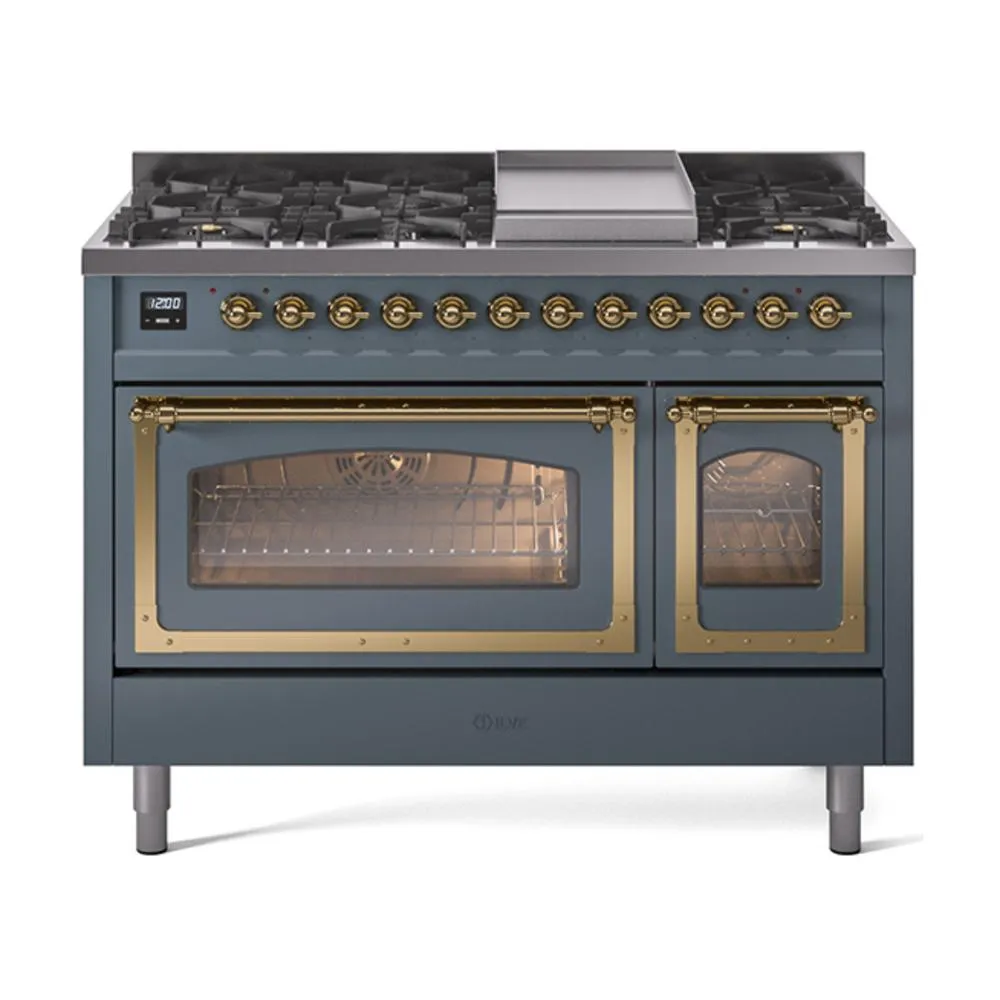 Ilve UN48FNMPBGG Ilve Un48Fnmpbgg Nostalgie Ii Noblesse 48" Dual Fuel Range (8 Sealed Burners   Griddle, Natural Gas, Triple Glass Door, Blue Grey, Brass)