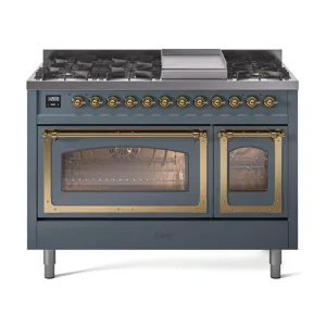 Ilve UN48FNMPBGG Ilve Un48Fnmpbgg Nostalgie Ii Noblesse 48" Dual Fuel Range (8 Sealed Burners   Griddle, Natural Gas, Triple Glass Door, Blue Grey, Brass)