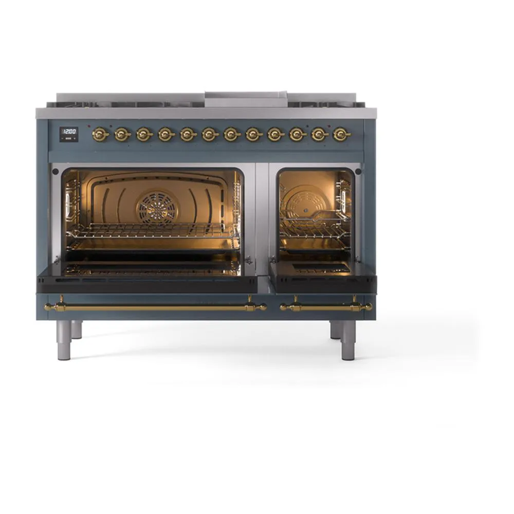 Ilve UN48FNMPBGG Ilve Un48Fnmpbgg Nostalgie Ii Noblesse 48" Dual Fuel Range (8 Sealed Burners   Griddle, Natural Gas, Triple Glass Door, Blue Grey, Brass)