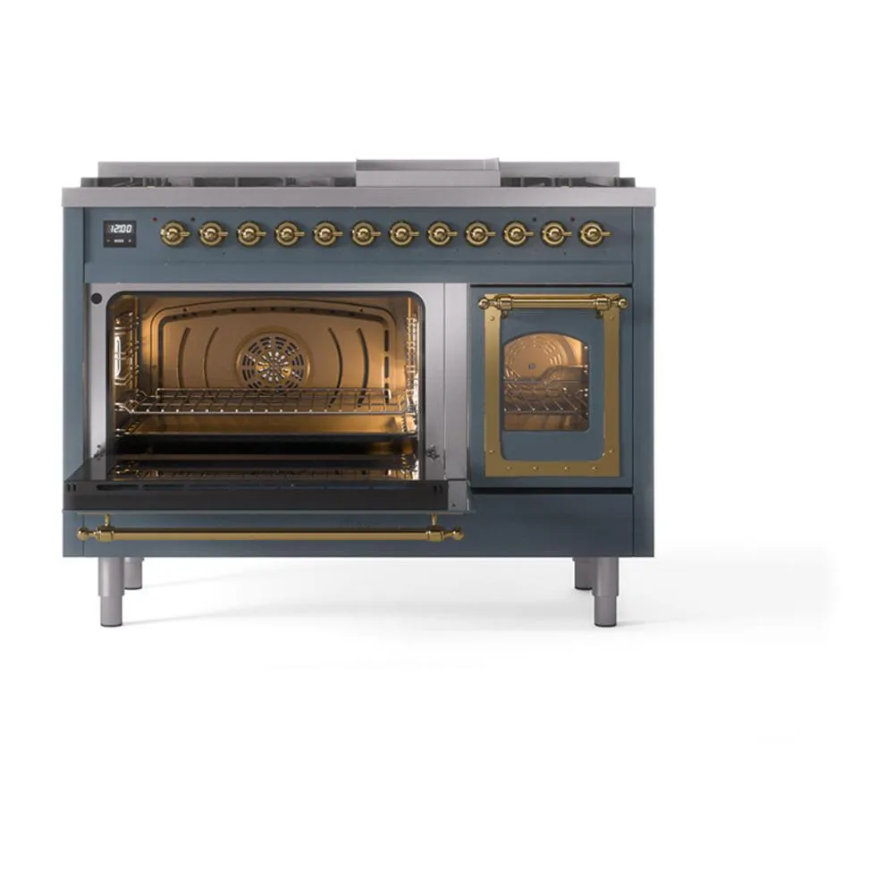 Ilve UN48FNMPBGG Ilve Un48Fnmpbgg Nostalgie Ii Noblesse 48" Dual Fuel Range (8 Sealed Burners   Griddle, Natural Gas, Triple Glass Door, Blue Grey, Brass)