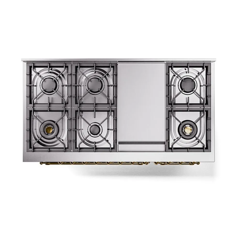 Ilve UN48FNMPBGG Ilve Un48Fnmpbgg Nostalgie Ii Noblesse 48" Dual Fuel Range (8 Sealed Burners   Griddle, Natural Gas, Triple Glass Door, Blue Grey, Brass)