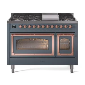 Ilve UN48FNMPBGP Ilve Un48Fnmpbgp Nostalgie Ii Noblesse 48" Dual Fuel Range (8 Sealed Burners   Griddle, Natural Gas, Triple Glass Door, Blue Grey, Copper)