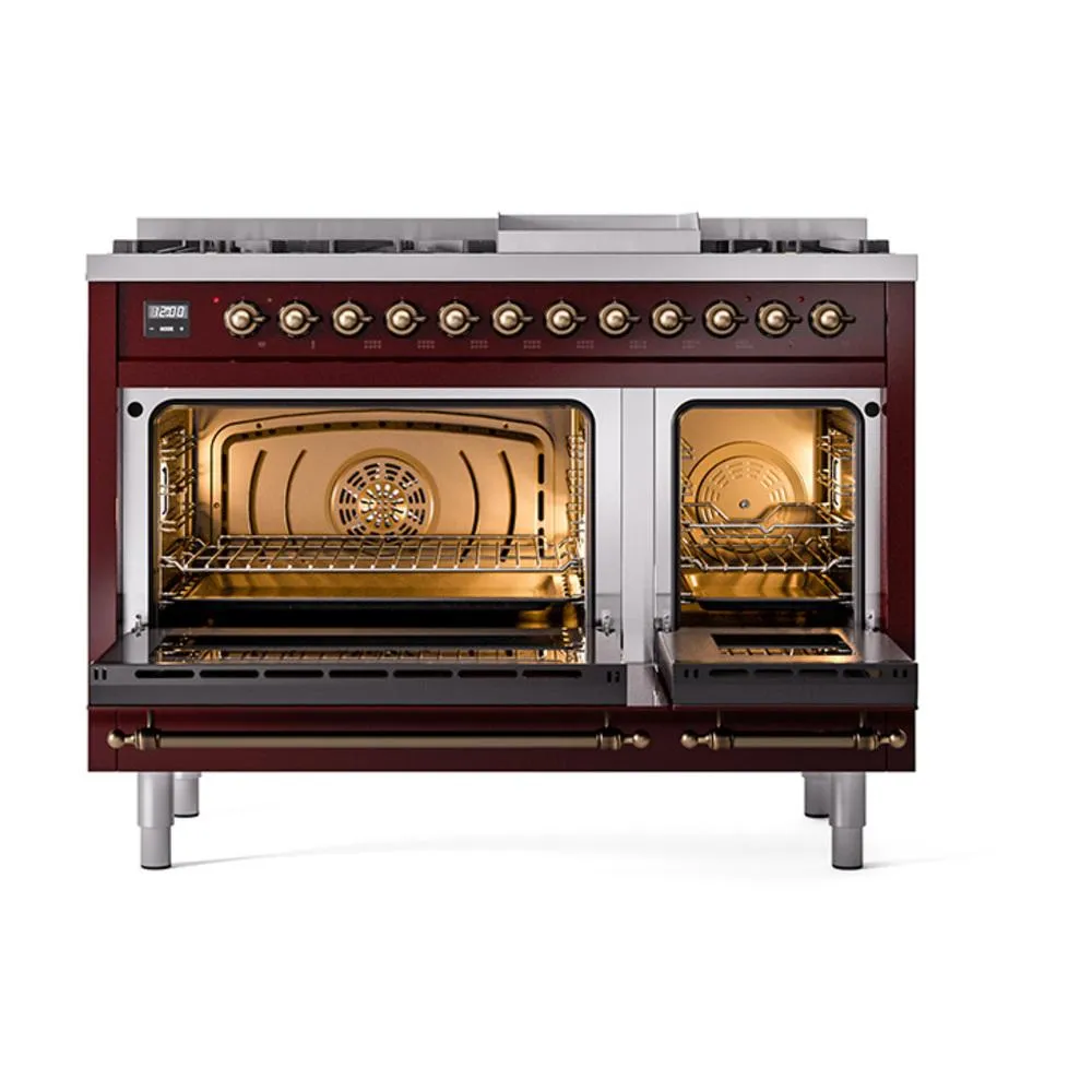 Ilve UN48FNMPBUB Ilve Un48Fnmpbub Nostalgie Ii Noblesse 48" Dual Fuel Range (8 Sealed Burners   Griddle, Natural Gas, Triple Glass Door, Burgundy, Burnished)