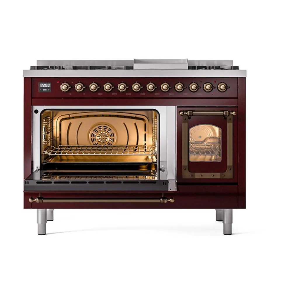 Ilve UN48FNMPBUB Ilve Un48Fnmpbub Nostalgie Ii Noblesse 48" Dual Fuel Range (8 Sealed Burners   Griddle, Natural Gas, Triple Glass Door, Burgundy, Burnished)