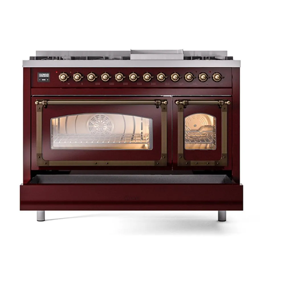 Ilve UN48FNMPBUB Ilve Un48Fnmpbub Nostalgie Ii Noblesse 48" Dual Fuel Range (8 Sealed Burners   Griddle, Natural Gas, Triple Glass Door, Burgundy, Burnished)