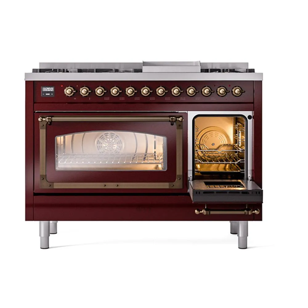 Ilve UN48FNMPBUB Ilve Un48Fnmpbub Nostalgie Ii Noblesse 48" Dual Fuel Range (8 Sealed Burners   Griddle, Natural Gas, Triple Glass Door, Burgundy, Burnished)