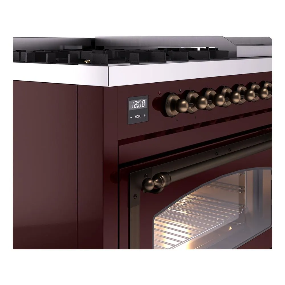 Ilve UN48FNMPBUB Ilve Un48Fnmpbub Nostalgie Ii Noblesse 48" Dual Fuel Range (8 Sealed Burners   Griddle, Natural Gas, Triple Glass Door, Burgundy, Burnished)