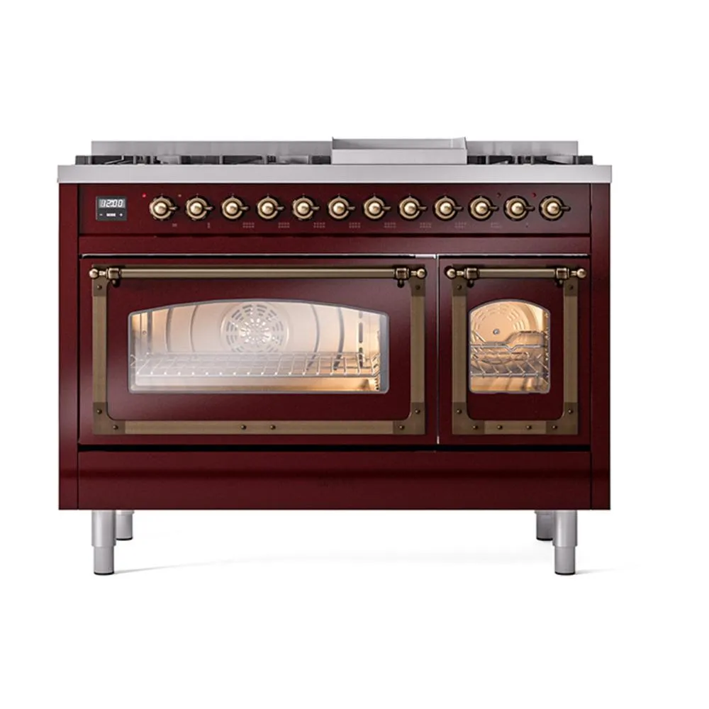 Ilve UN48FNMPBUB Ilve Un48Fnmpbub Nostalgie Ii Noblesse 48" Dual Fuel Range (8 Sealed Burners   Griddle, Natural Gas, Triple Glass Door, Burgundy, Burnished)