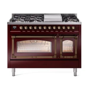 Ilve UN48FNMPBUB Ilve Un48Fnmpbub Nostalgie Ii Noblesse 48" Dual Fuel Range (8 Sealed Burners   Griddle, Natural Gas, Triple Glass Door, Burgundy, Burnished)