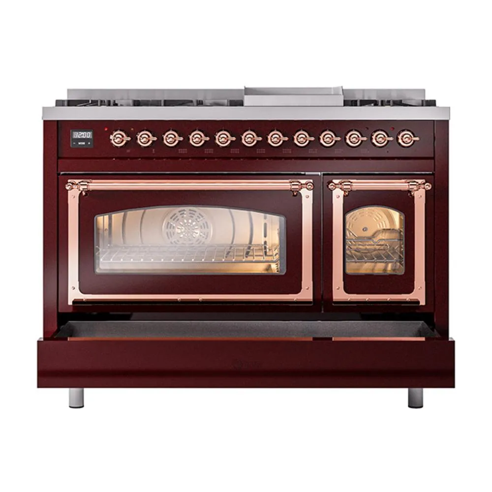 Ilve UN48FNMPBUPLP Ilve Un48Fnmpbuplp Nostalgie Ii Noblesse 48" Dual Fuel Range (8 Sealed Burners   Griddle, Liquid Propane, Triple Glass Door, Burgundy, Copper)