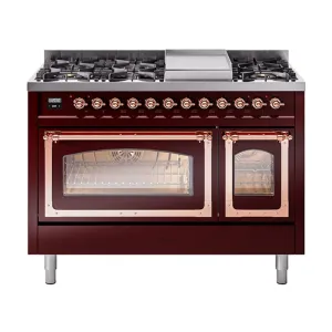 Ilve UN48FNMPBUPLP Ilve Un48Fnmpbuplp Nostalgie Ii Noblesse 48" Dual Fuel Range (8 Sealed Burners   Griddle, Liquid Propane, Triple Glass Door, Burgundy, Copper)