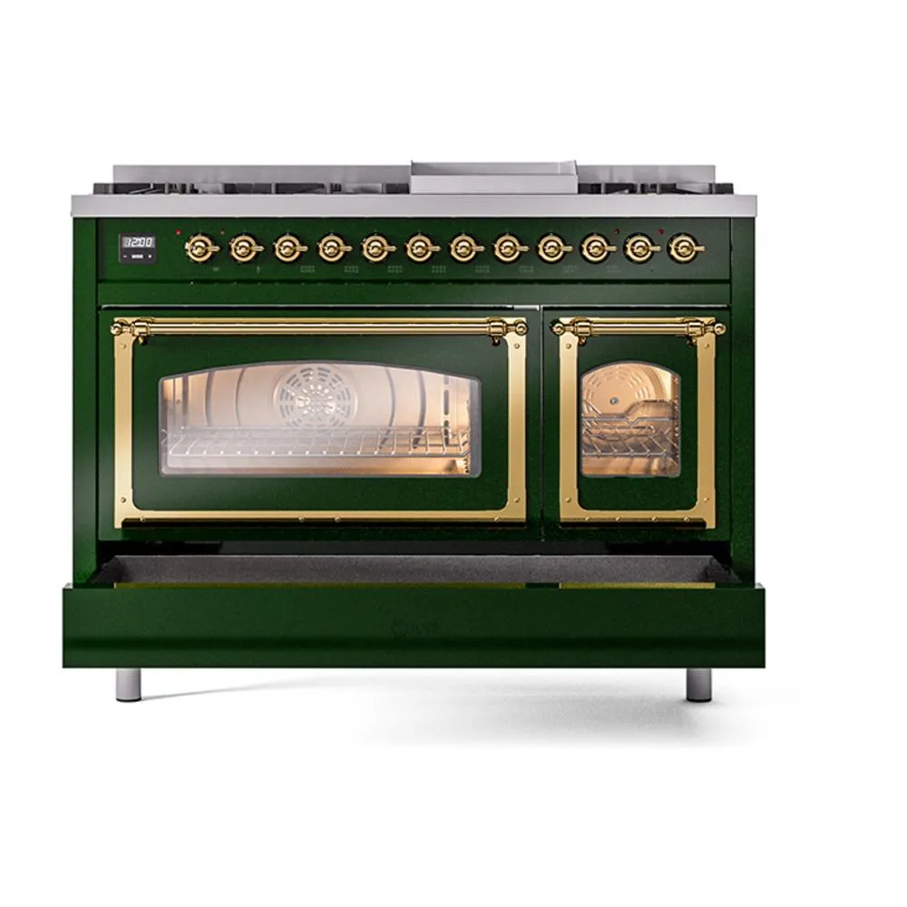 Ilve UN48FNMPEGG Ilve Un48Fnmpegg Nostalgie Ii Noblesse 48" Dual Fuel Range (8 Sealed Burners   Griddle, Natural Gas, Triple Glass Door, Emerald Green, Brass)