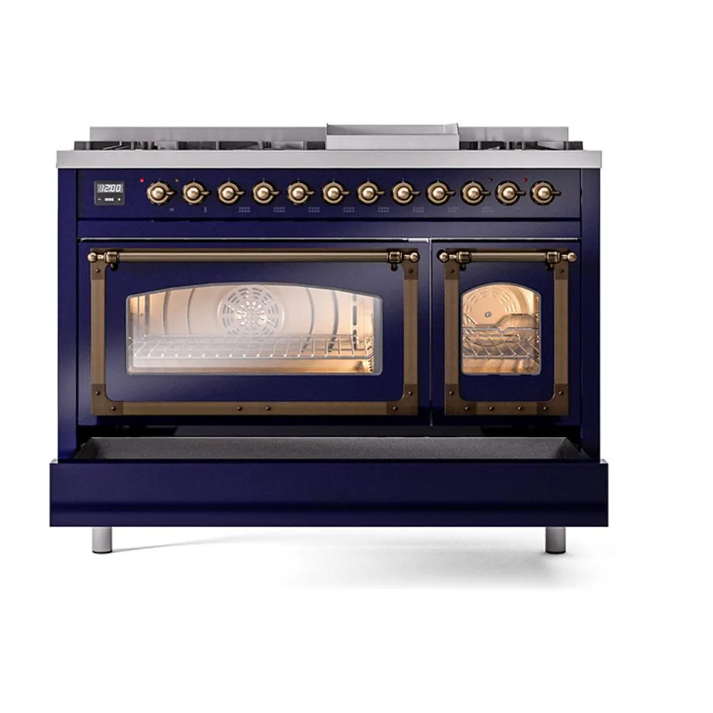 Ilve UN48FNMPMBB Ilve Un48Fnmpmbb Nostalgie Ii Noblesse 48" Dual Fuel Range (8 Sealed Burners   Griddle, Natural Gas, Triple Glass Door, Midnight Blue, Burnished)