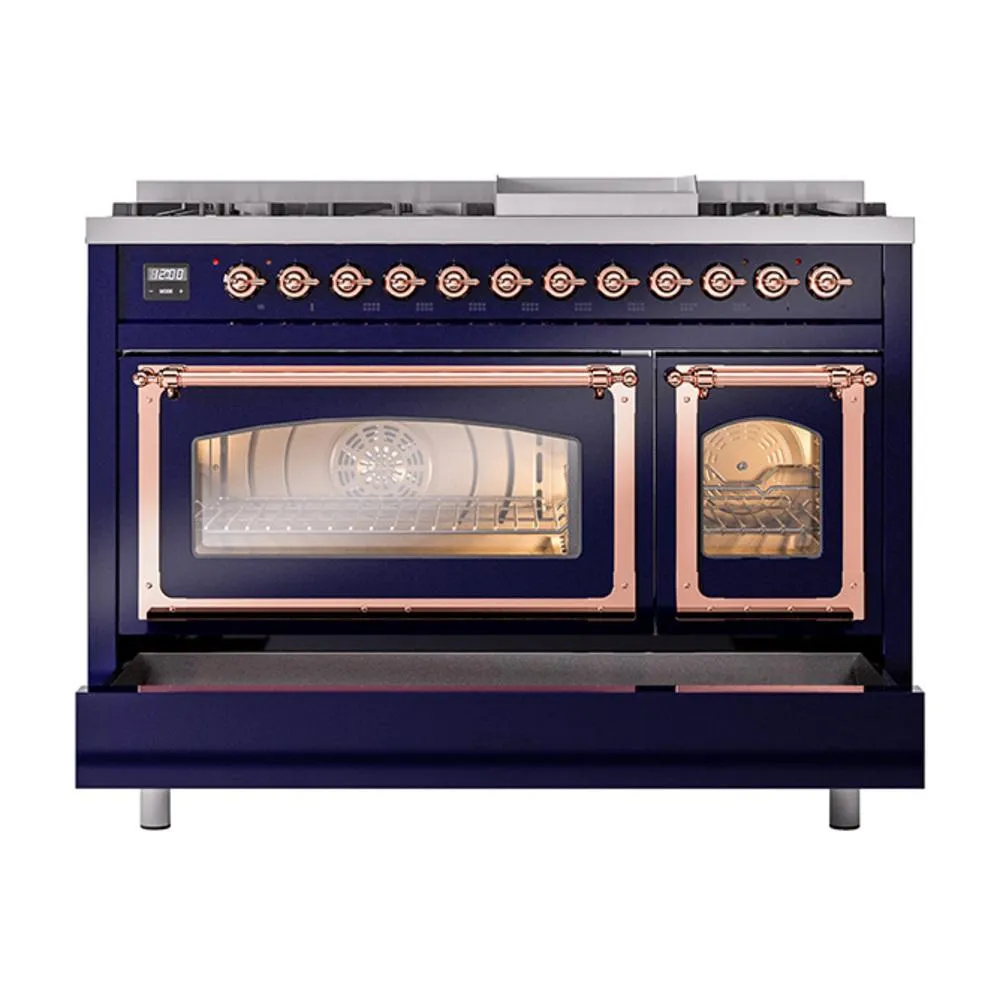 Ilve UN48FNMPMBP Ilve Un48Fnmpmbp Nostalgie Ii Noblesse 48" Dual Fuel Range (8 Sealed Burners   Griddle, Natural Gas, Triple Glass Door, Midnight Blue, Copper)